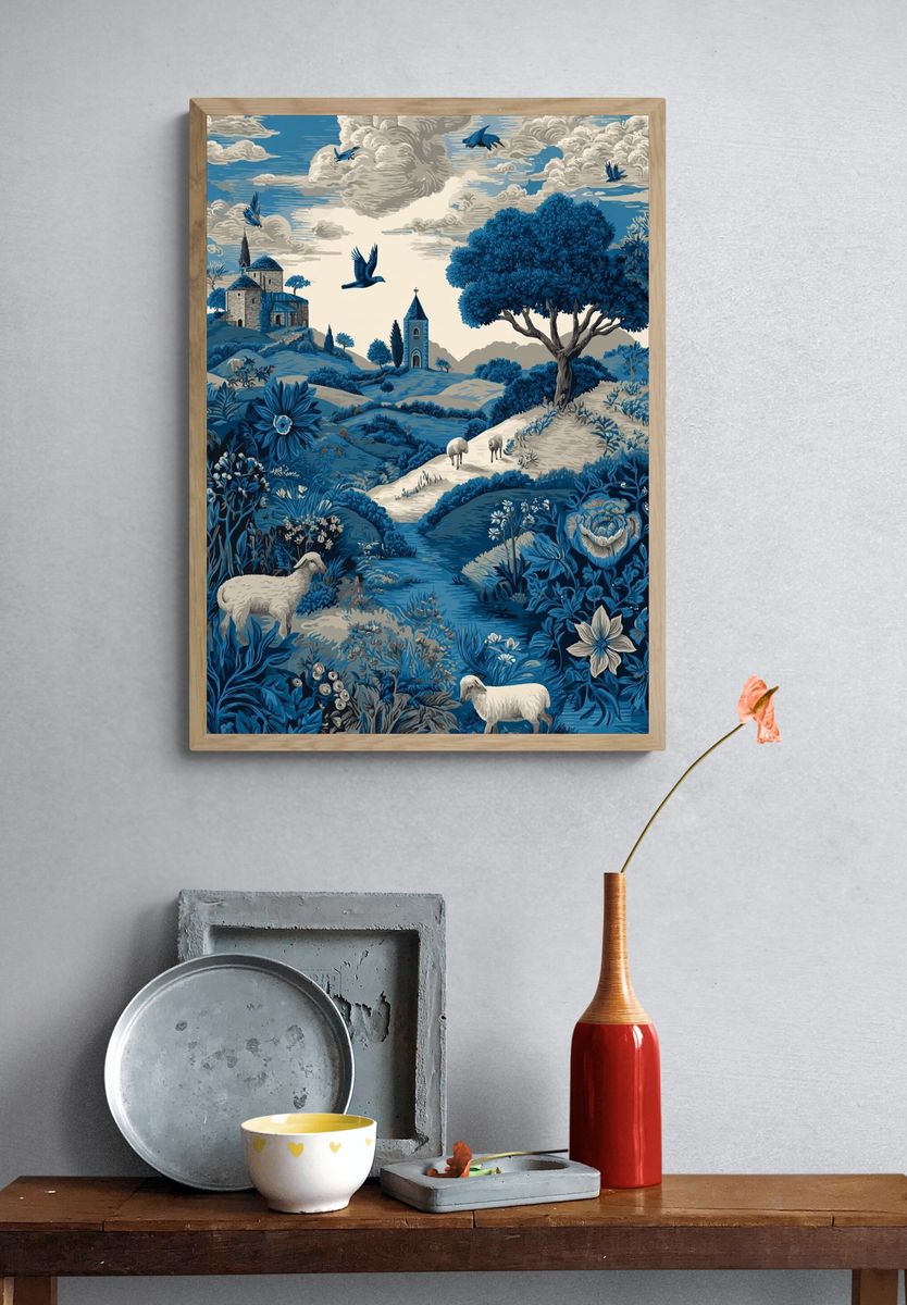 Blue Countryside Landscape Print. — room view 3
