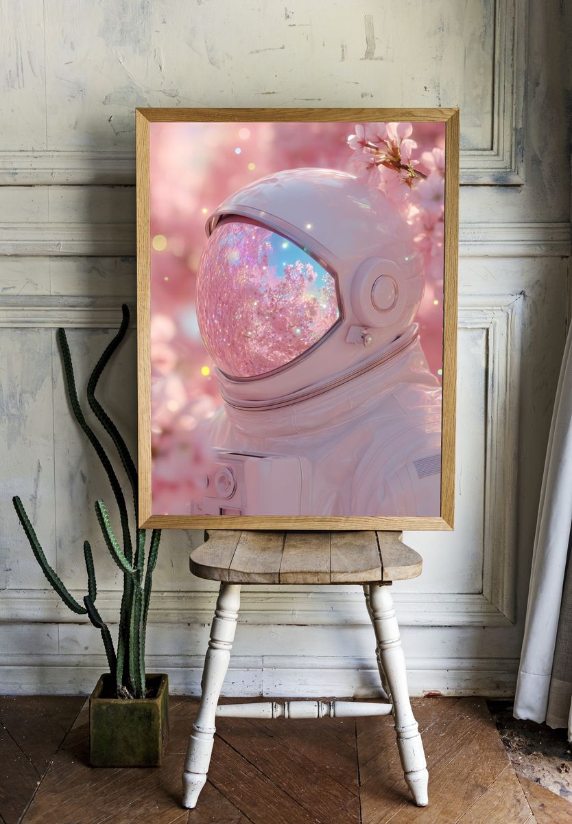 Cherry Blossom Astronaut Digital Art Print. — room view 1