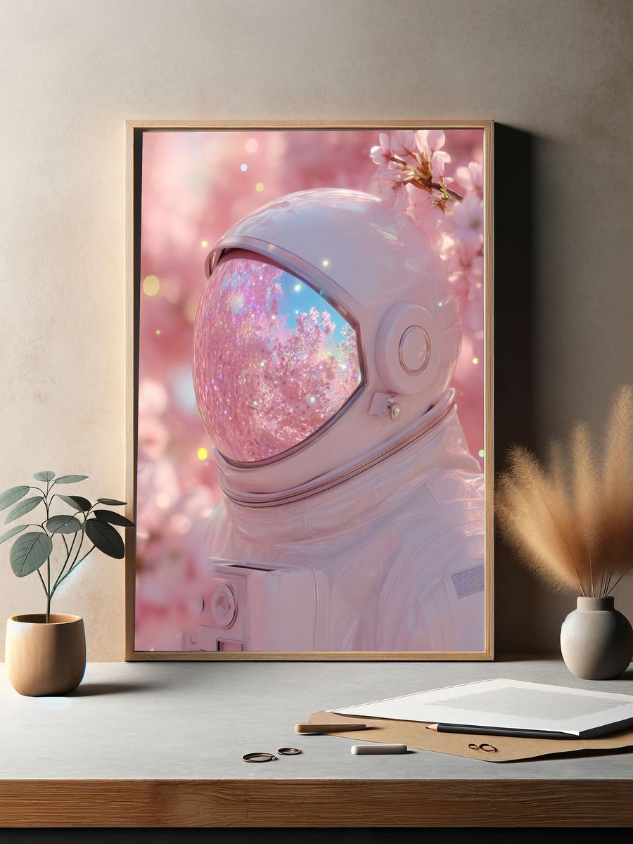 Cherry Blossom Astronaut Digital Art Print. — room view 2