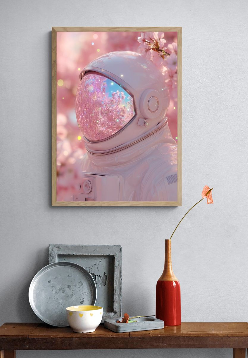 Cherry Blossom Astronaut Digital Art Print. — room view 3