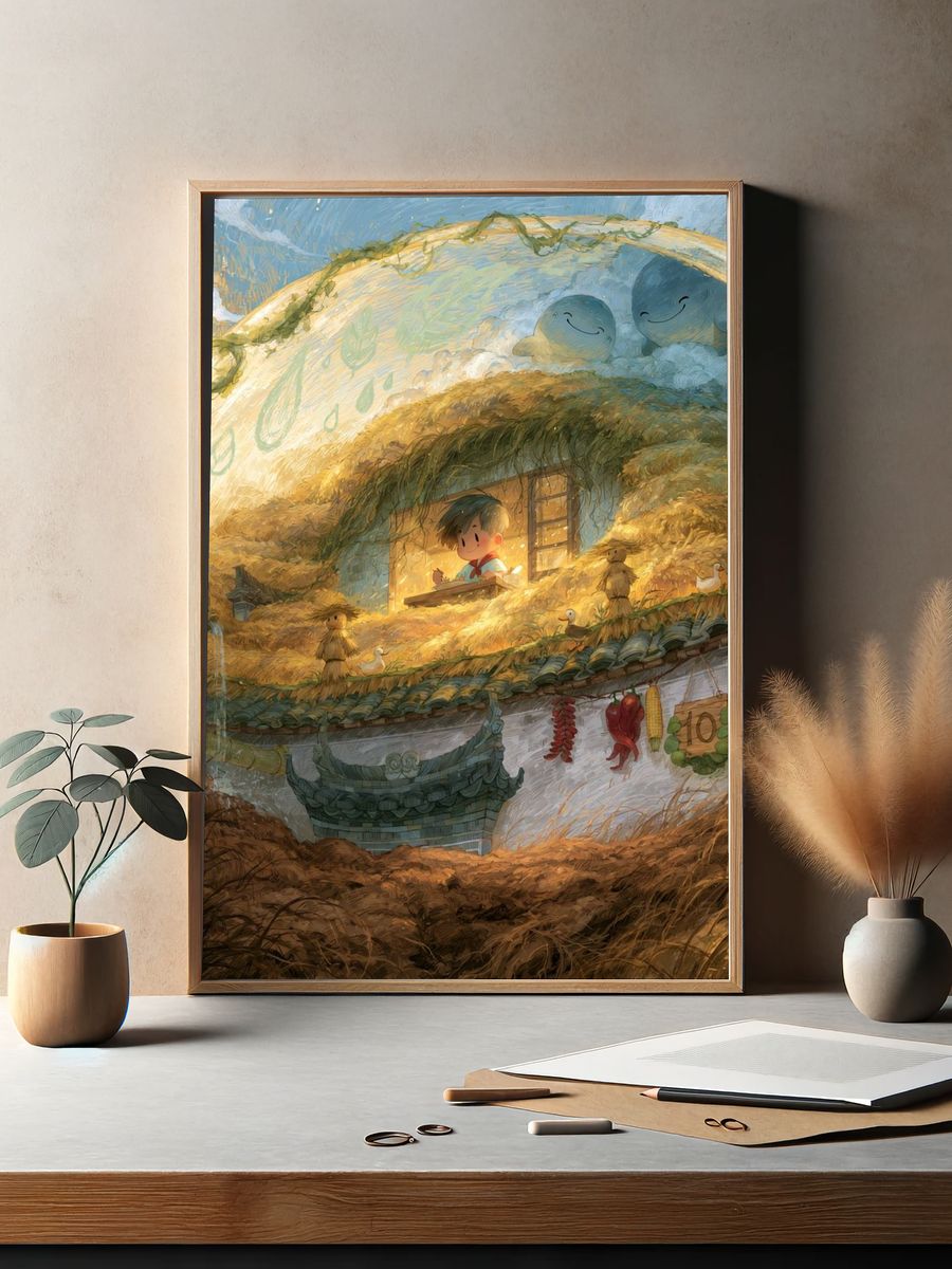 Whimsical Rooftop Village Print. — room view 2