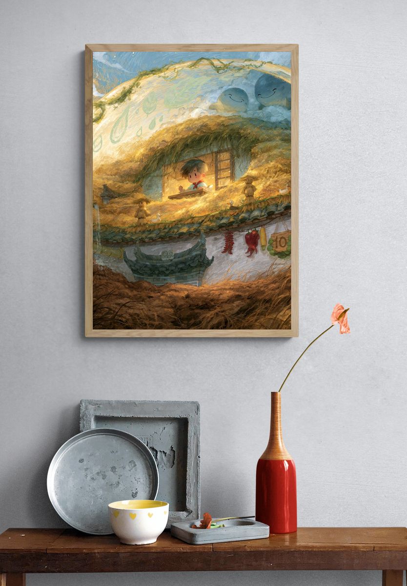 Whimsical Rooftop Village Print. — room view 3