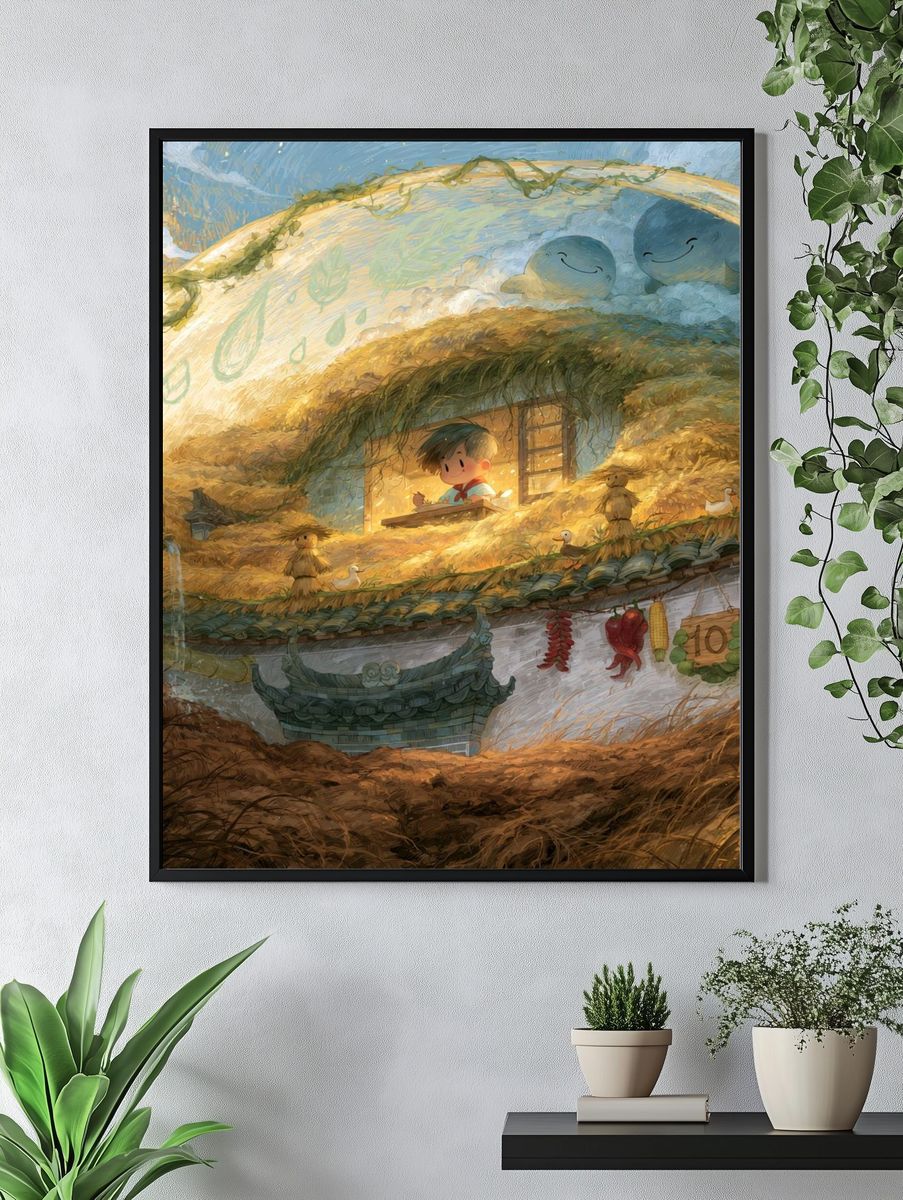 Whimsical Rooftop Village Print. — room view 4