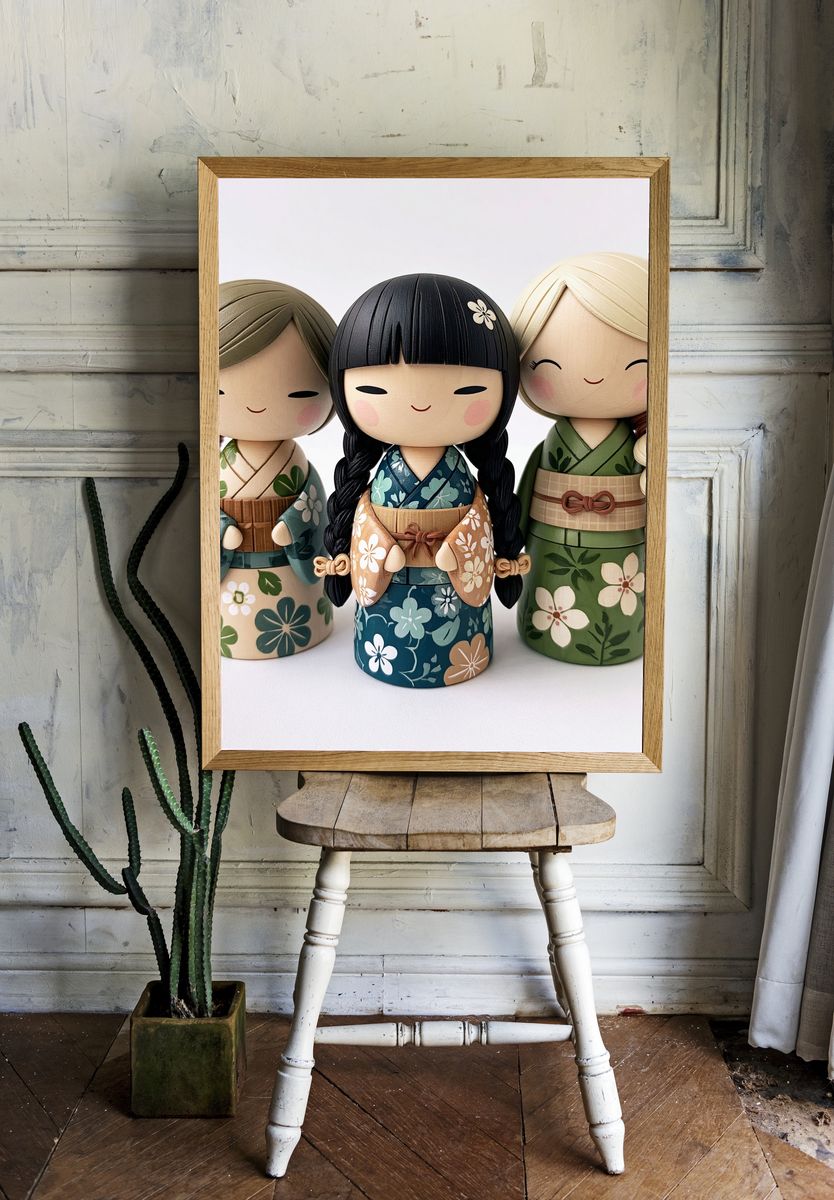 Kokeshi Dolls Floral Illustration Poster. — room view 1