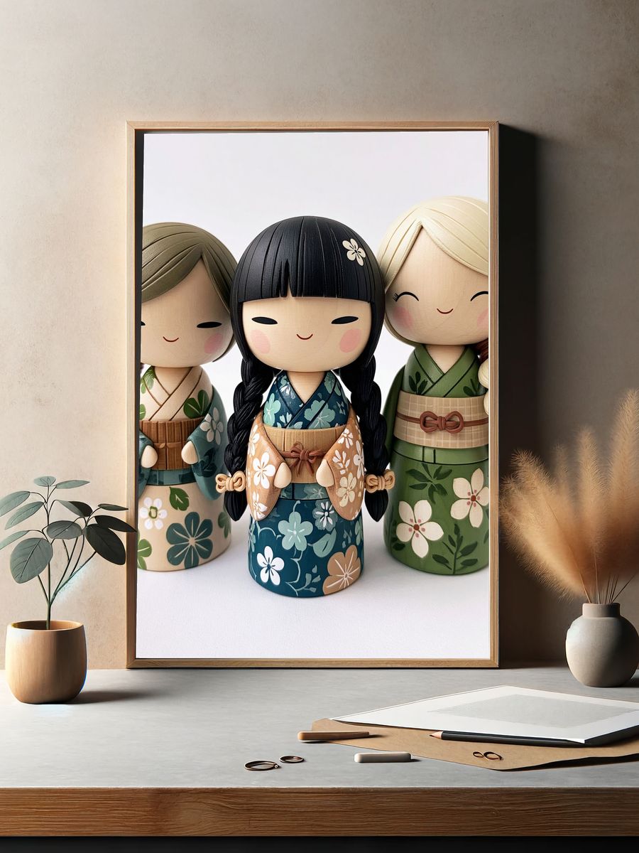 Kokeshi Dolls Floral Illustration Poster. — room view 2