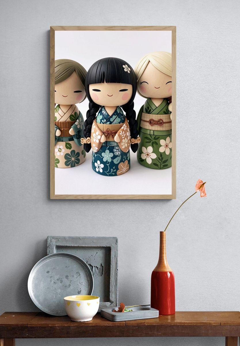 Kokeshi Dolls Floral Illustration Poster. — room view 3