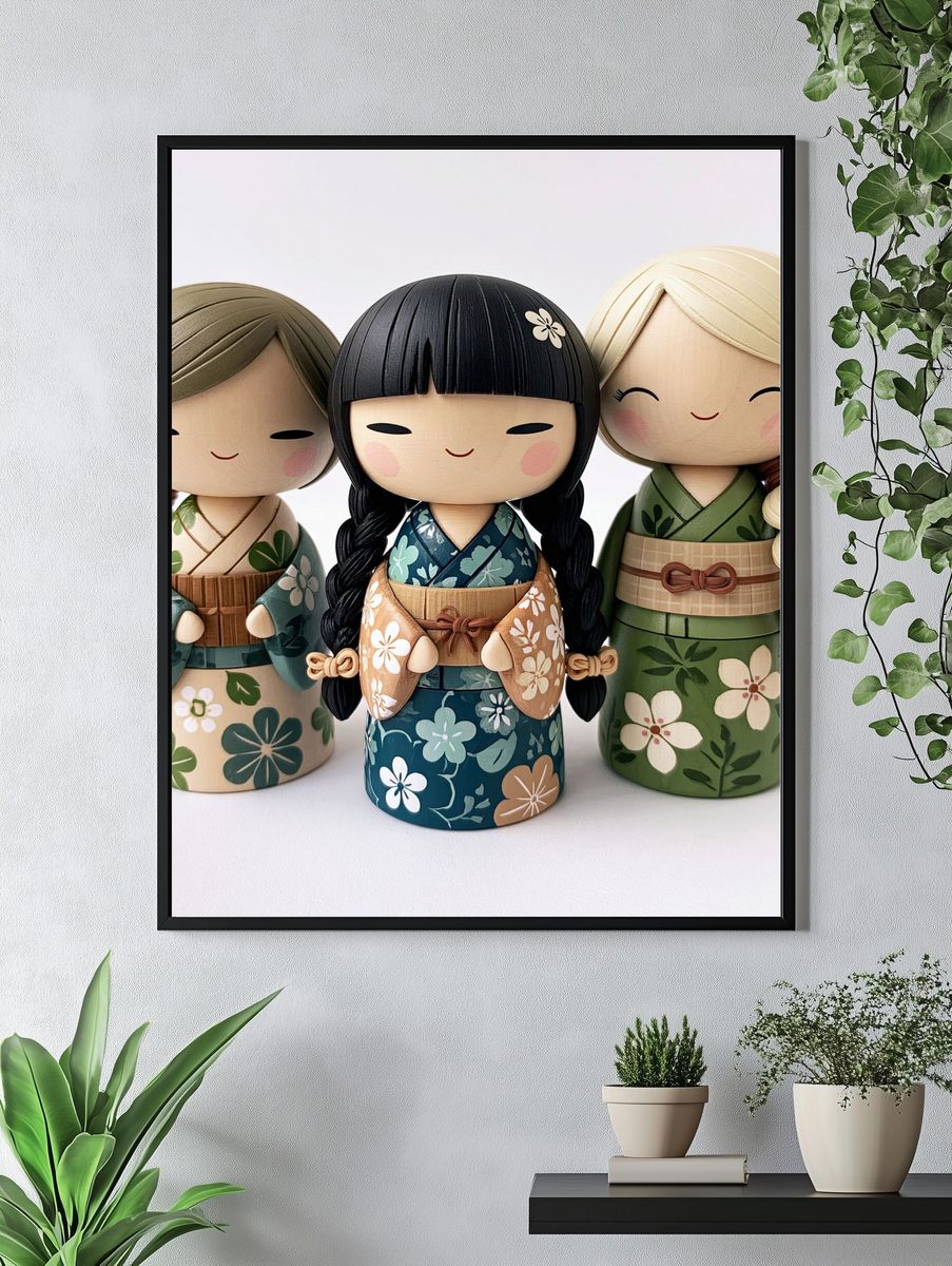 Kokeshi Dolls Floral Illustration Poster. — room view 4