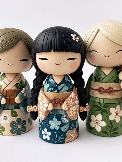 Kokeshi Dolls Floral Illustration Poster. poster print