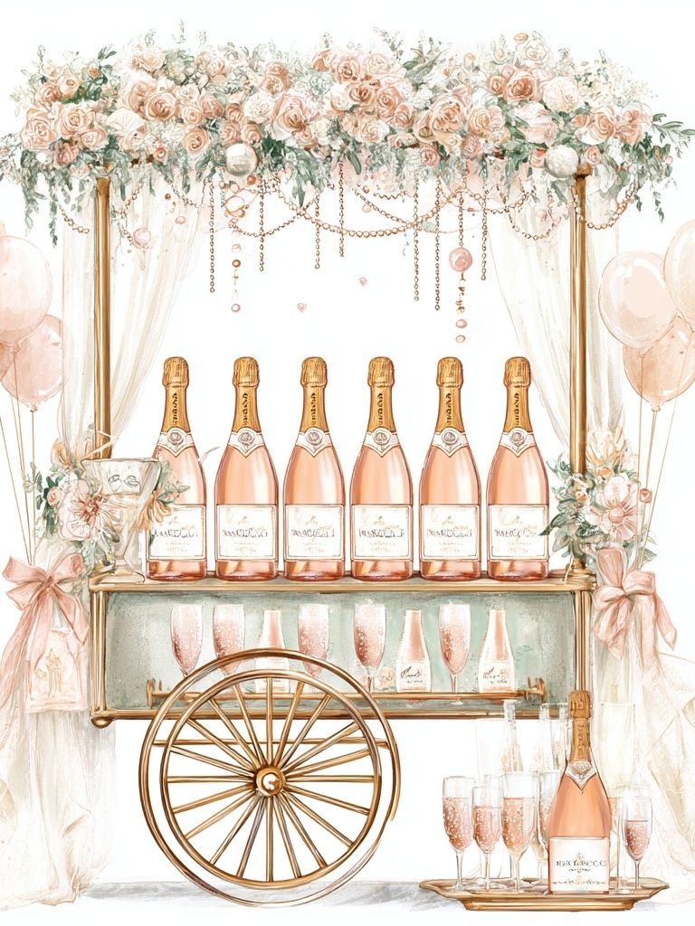 Champagne Cart Floral Illustration Poster. poster detail
