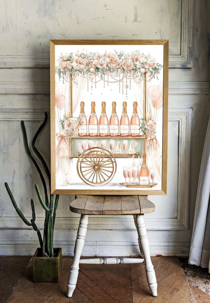 Champagne Cart Floral Illustration Poster. — room view 1