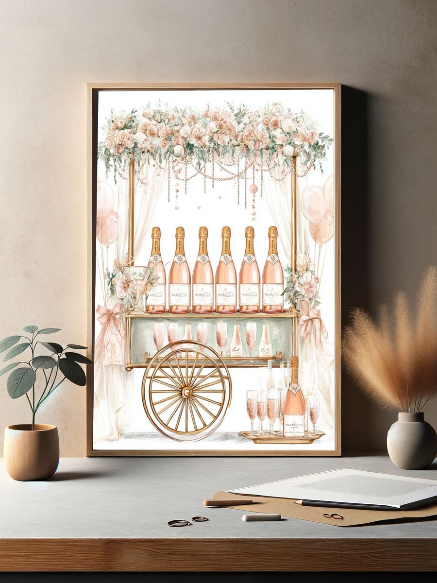 Champagne Cart Floral Illustration Poster. — room view 2