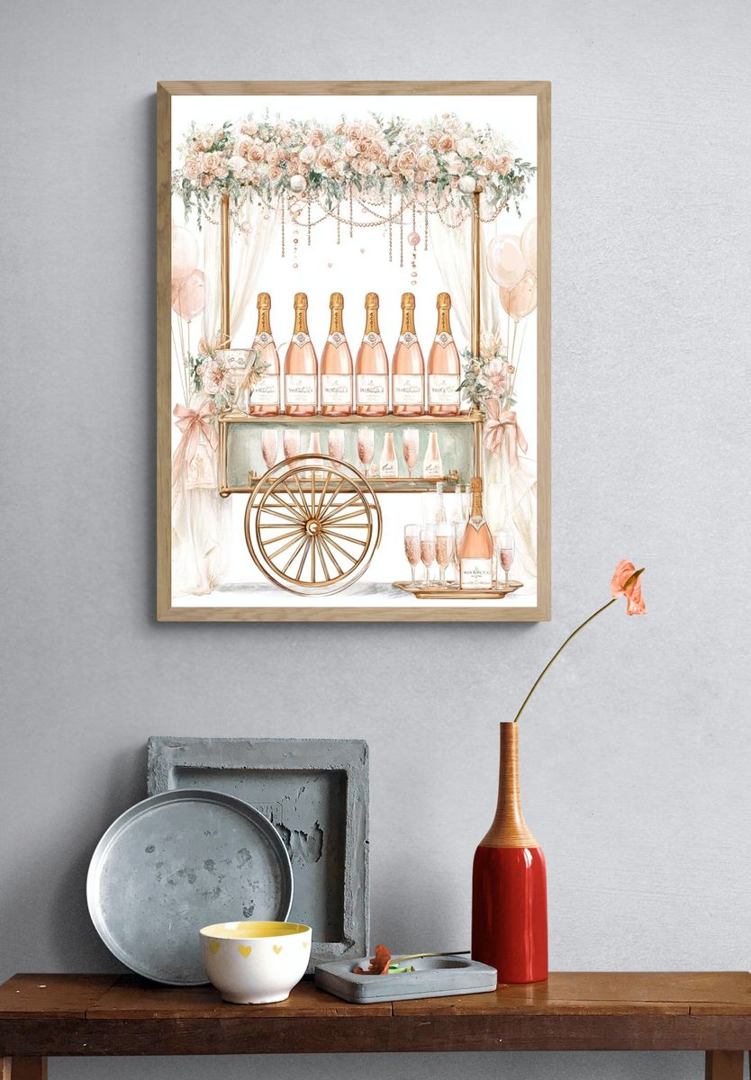 Champagne Cart Floral Illustration Poster. — room view 3