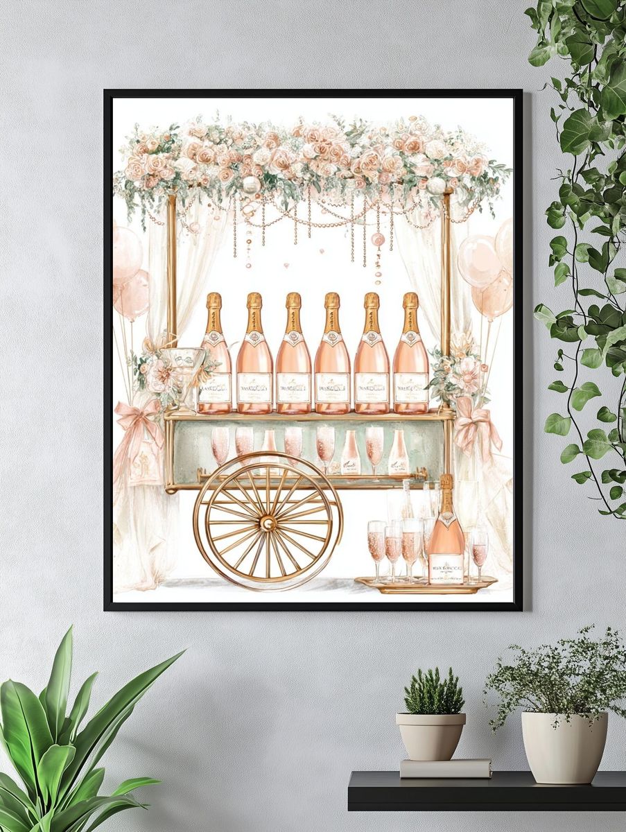 Champagne Cart Floral Illustration Poster. — room view 4