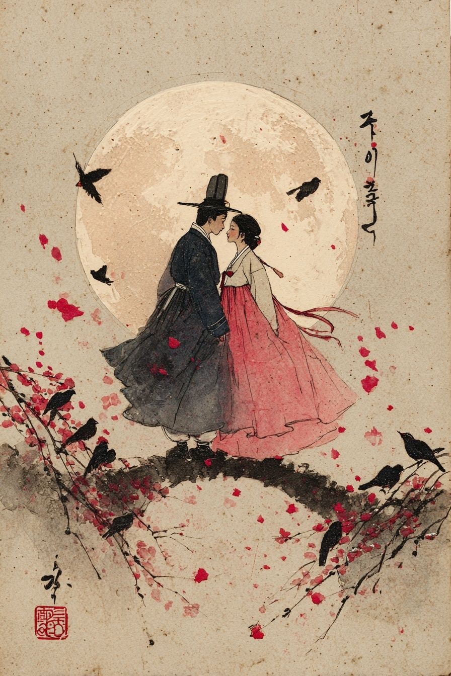 Moonlit Hanbok Couple Illustration Poster. poster detail