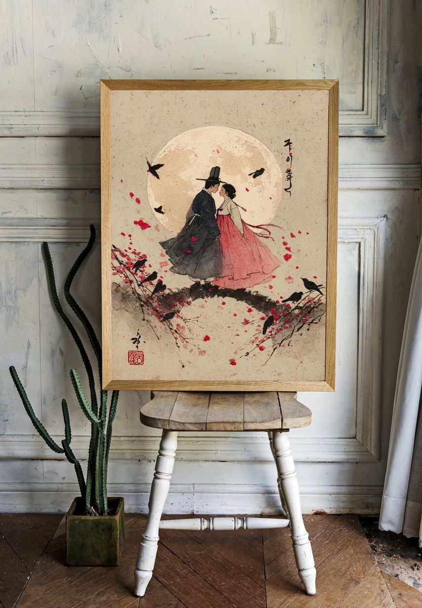 Moonlit Hanbok Couple Illustration Poster. — room view 1