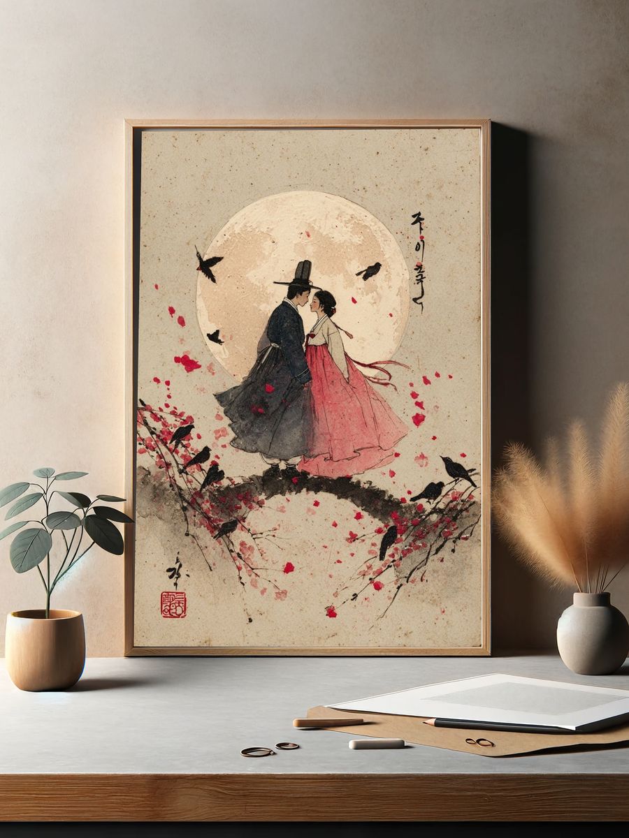 Moonlit Hanbok Couple Illustration Poster. — room view 2