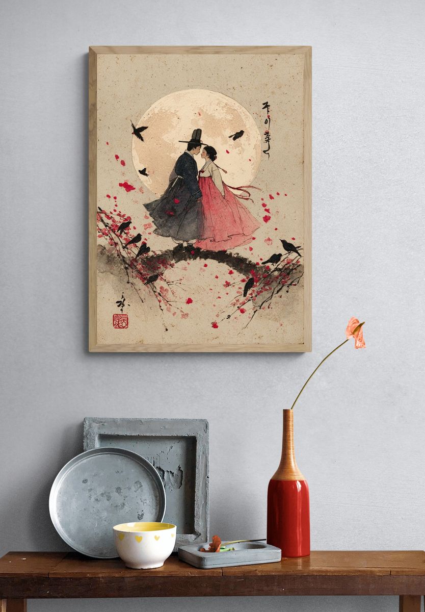 Moonlit Hanbok Couple Illustration Poster. — room view 3