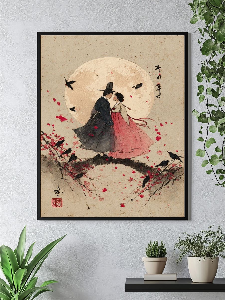 Moonlit Hanbok Couple Illustration Poster. — room view 4