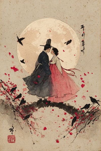 Moonlit Hanbok Couple Illustration Poster. poster print