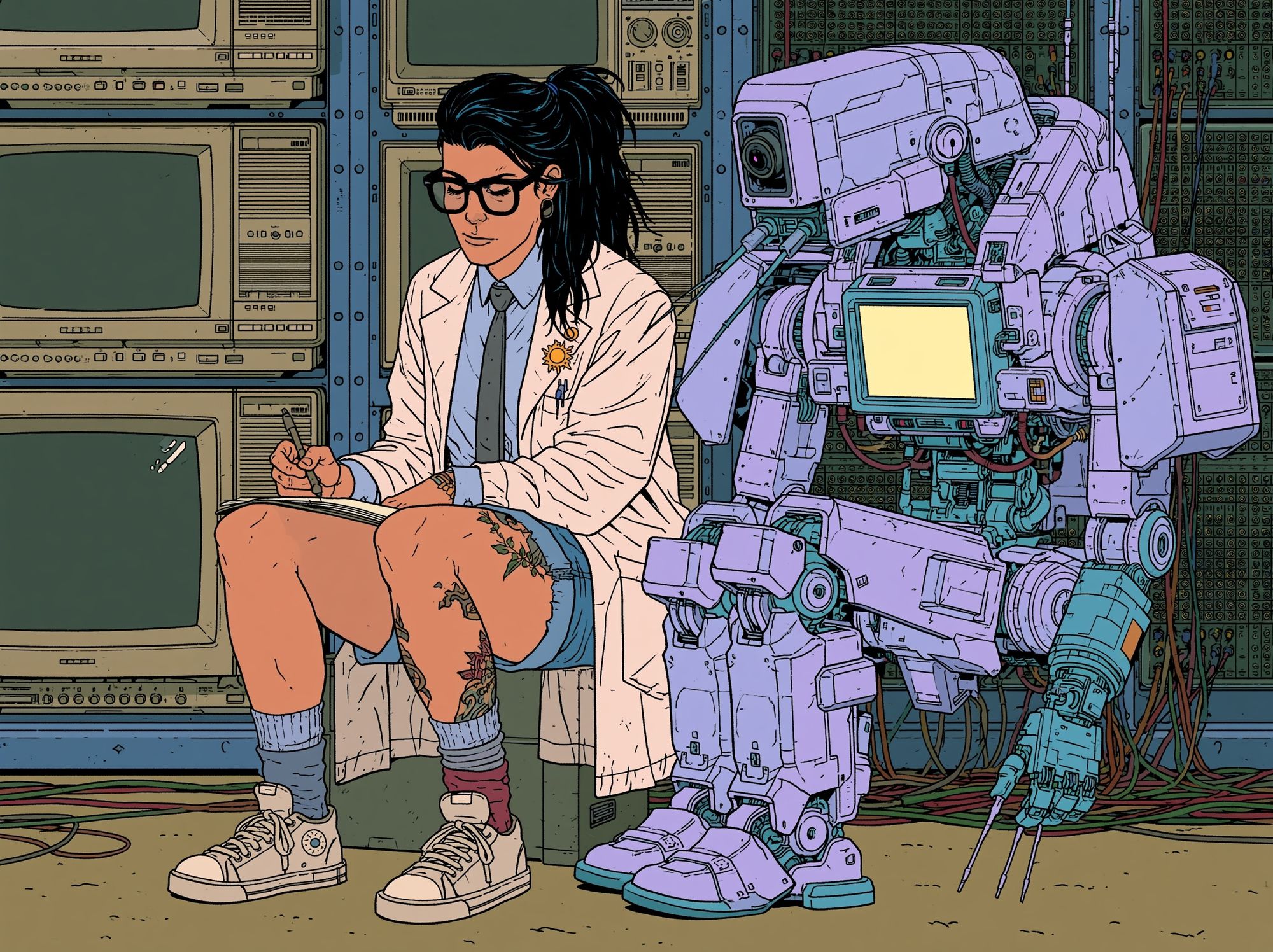 Cyberpunk Scientist and Robot Poster. poster — illustration art