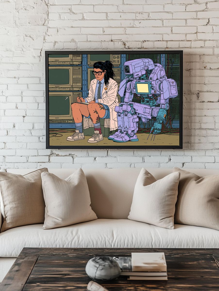 Cyberpunk Scientist and Robot Poster. — room view 1