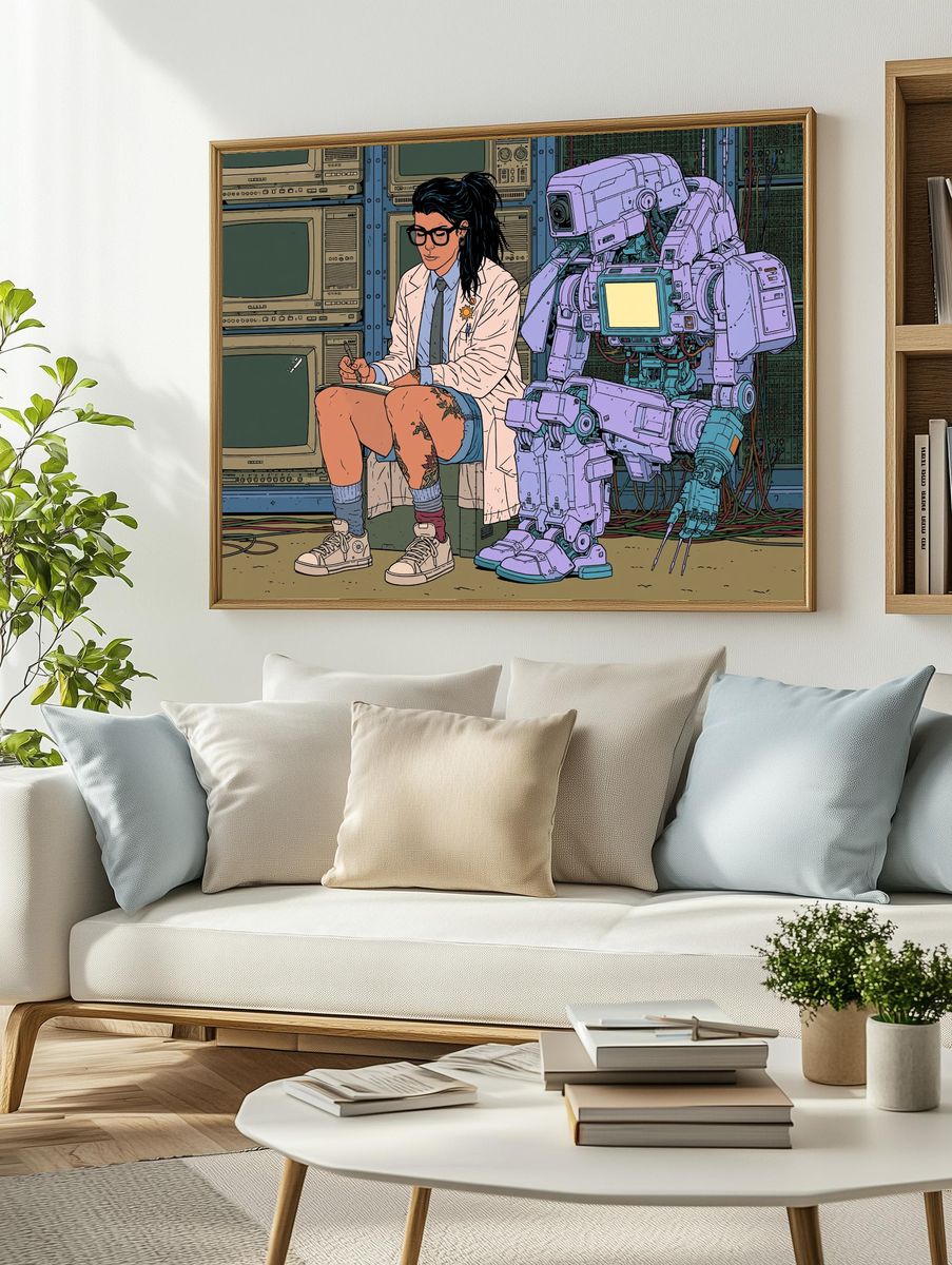Cyberpunk Scientist and Robot Poster. — room view 2