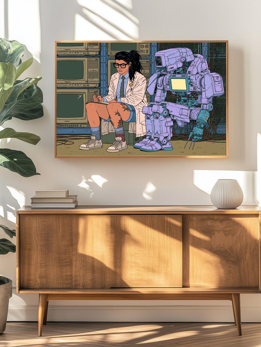 Cyberpunk Scientist and Robot Poster. — room view 3