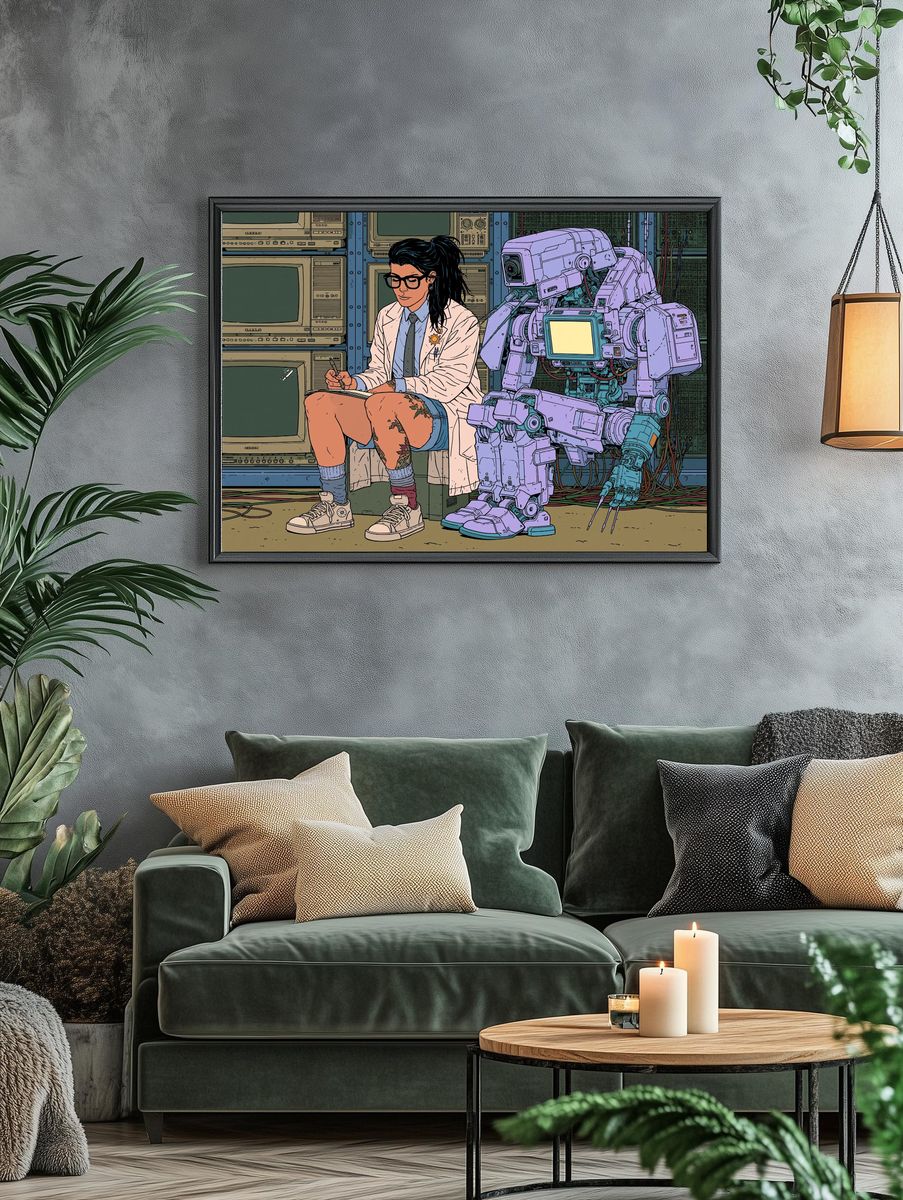 Cyberpunk Scientist and Robot Poster. — room view 4