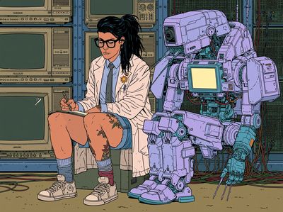 Cyberpunk Scientist and Robot Poster. poster print