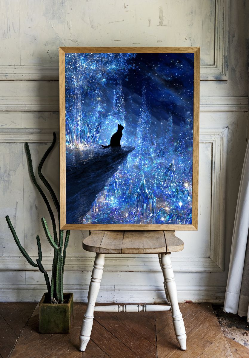 Crystal Cat Night Sky Illustration Poster. — room view 1
