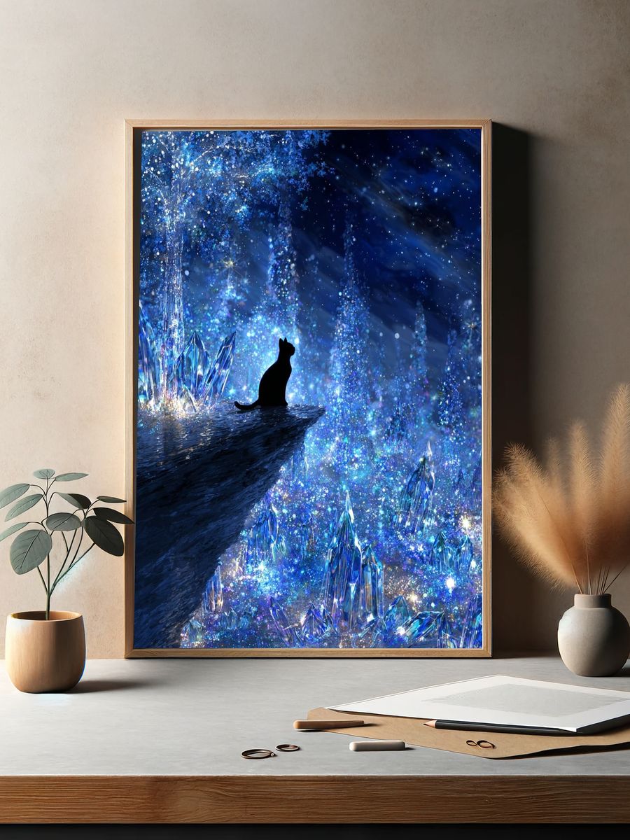 Crystal Cat Night Sky Illustration Poster. — room view 2