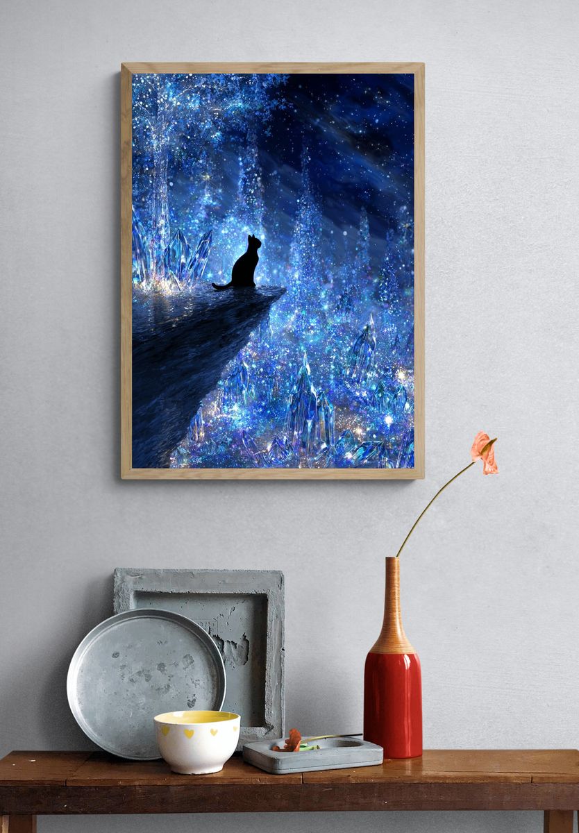 Crystal Cat Night Sky Illustration Poster. — room view 3
