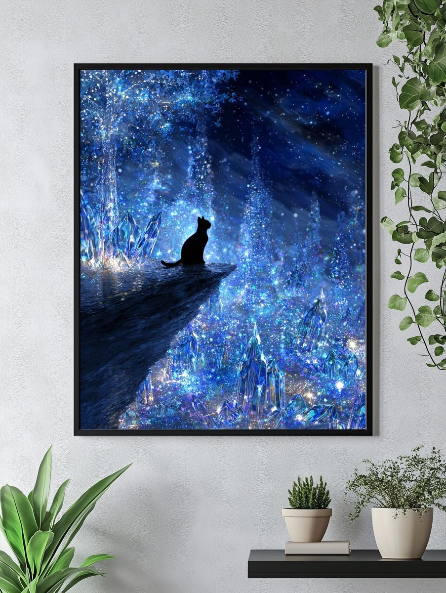 Crystal Cat Night Sky Illustration Poster. — room view 4