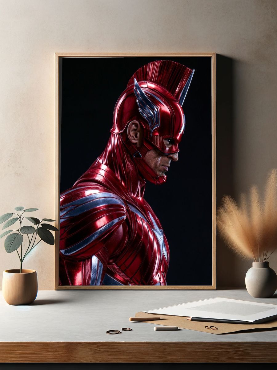 Red Armored Superhero Portrait Print. — room view 2