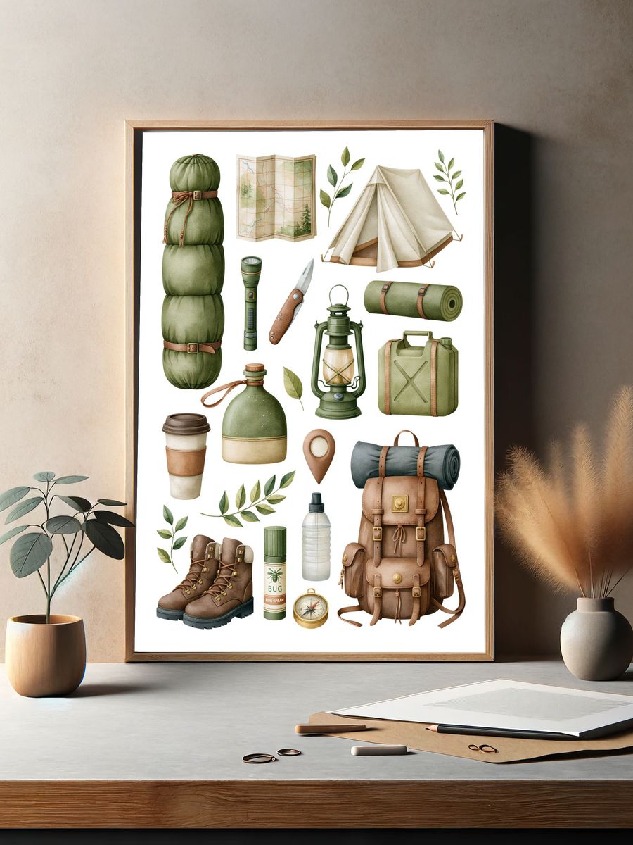 Camping Gear Watercolor Poster. — room view 2