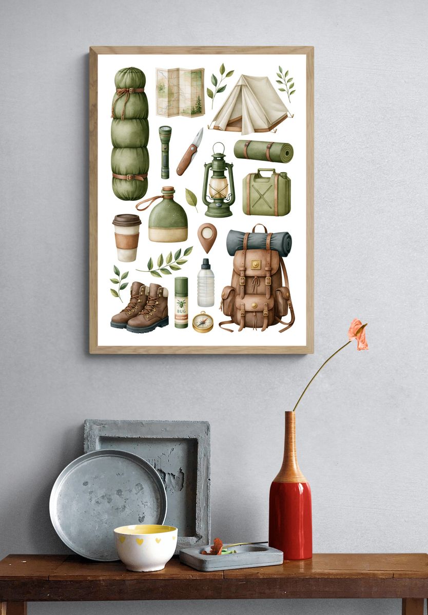 Camping Gear Watercolor Poster. — room view 3