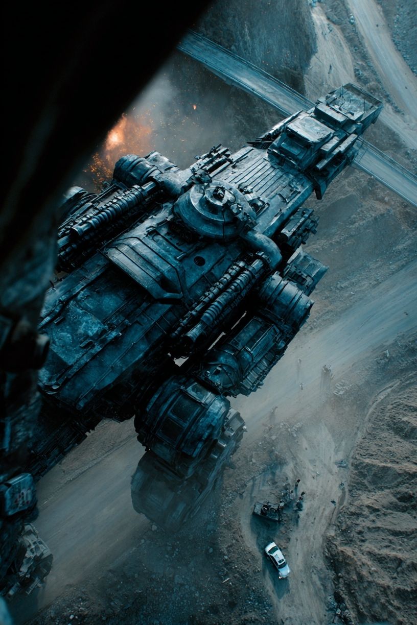 Giant Mech Over Desert Road Print. poster — illustration art