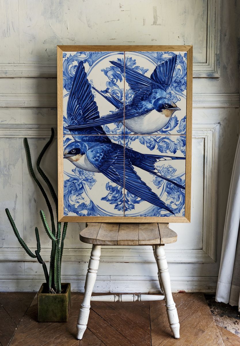 Blue Swallow Tile Illustration Poster. — room view 1
