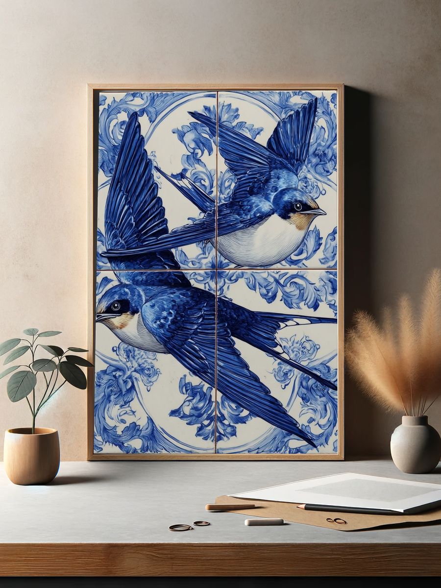 Blue Swallow Tile Illustration Poster. — room view 2