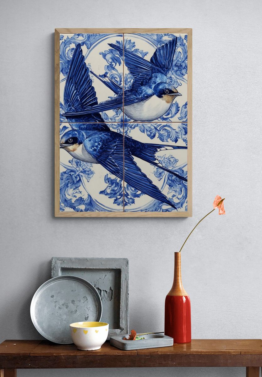 Blue Swallow Tile Illustration Poster. — room view 3