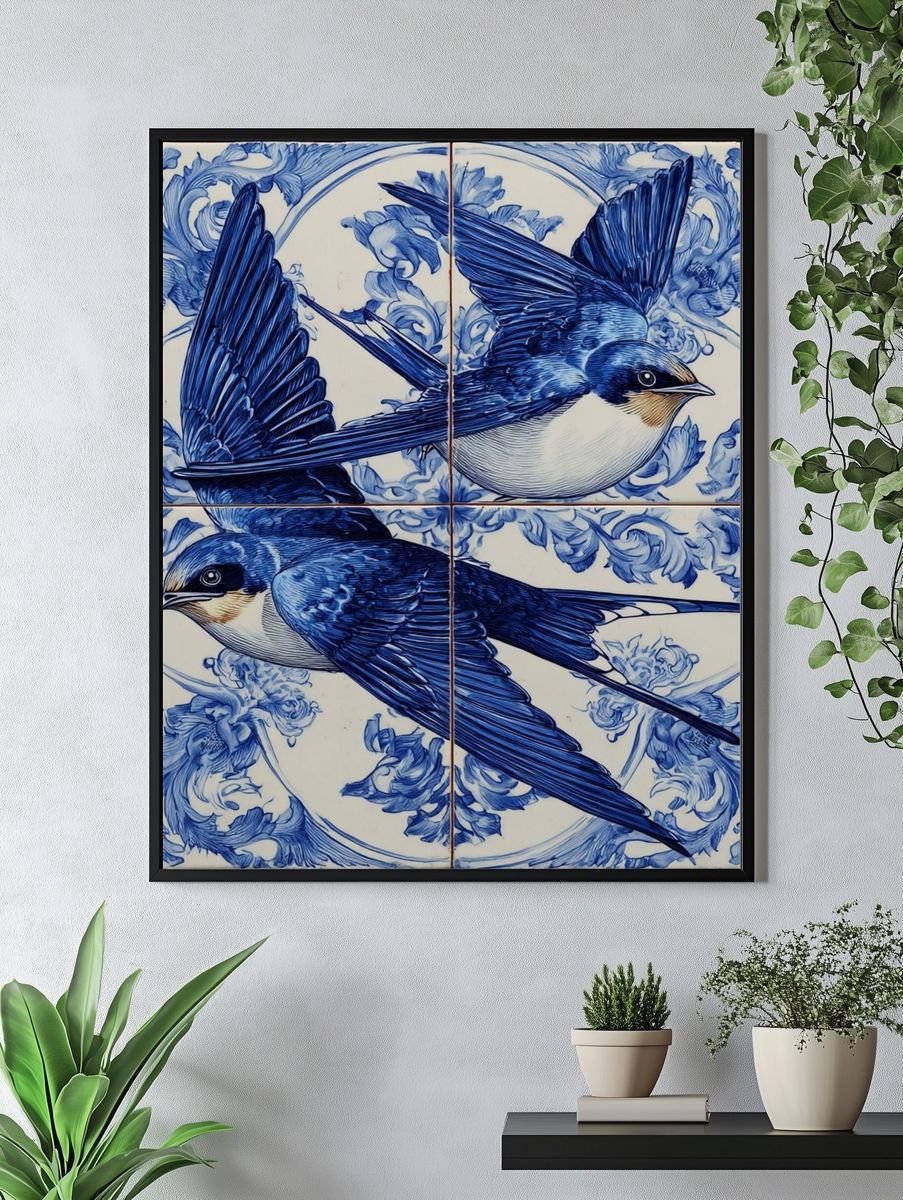 Blue Swallow Tile Illustration Poster. — room view 4