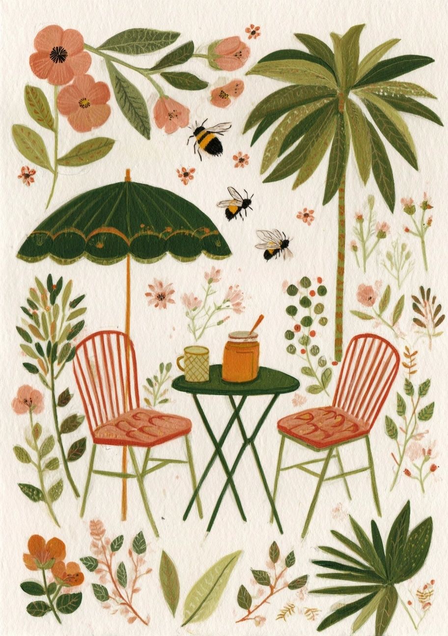 Tropical Garden Café Illustration Poster. poster — illustration art