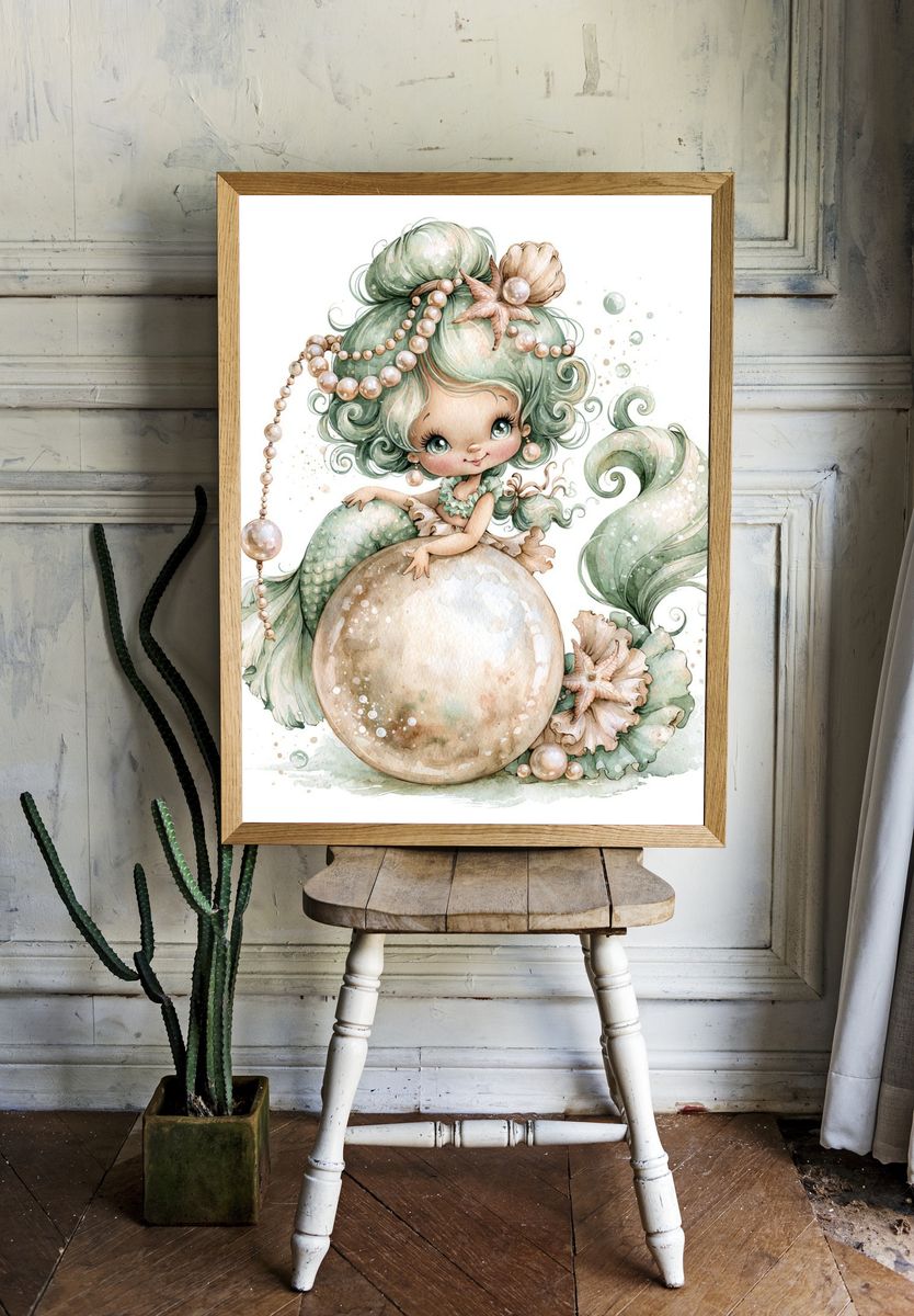 Mermaid Pearl Fantasy Illustration Poster. — room view 1