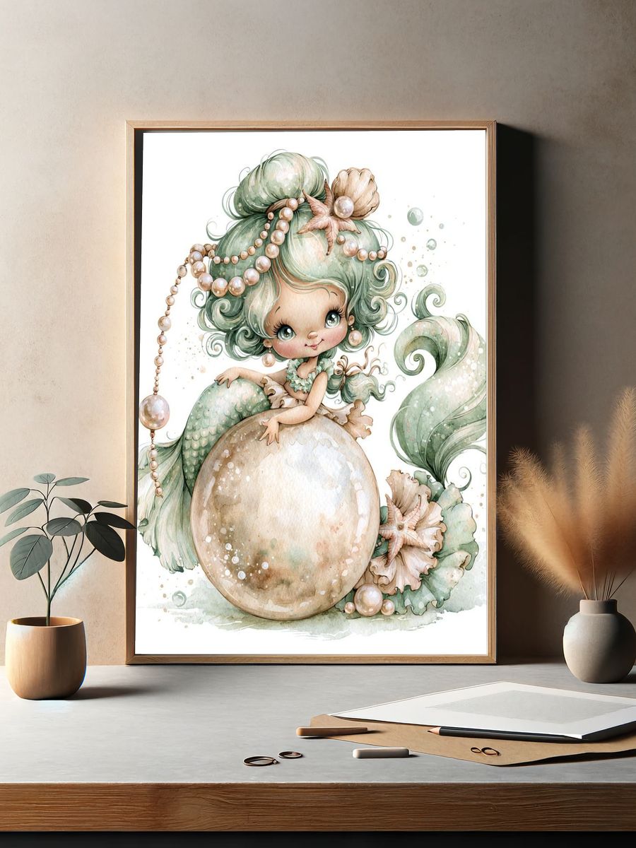 Mermaid Pearl Fantasy Illustration Poster. — room view 2