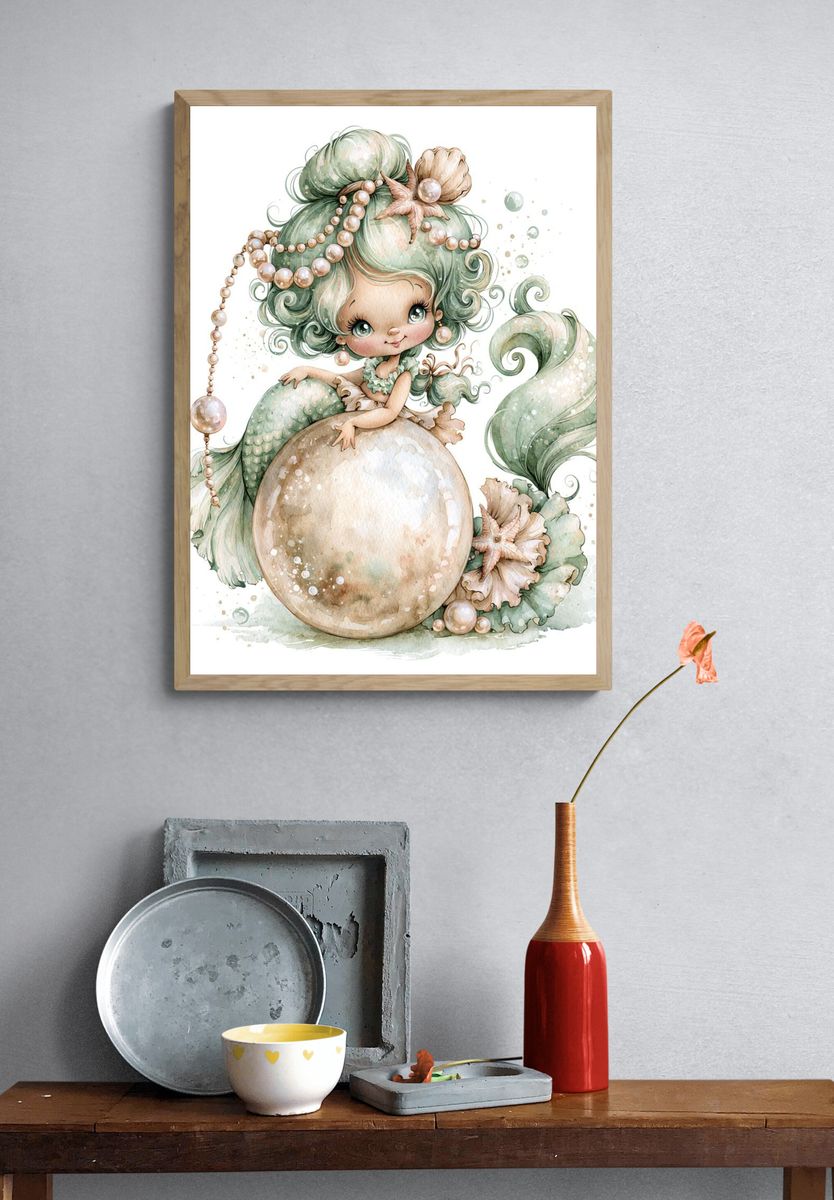 Mermaid Pearl Fantasy Illustration Poster. — room view 3