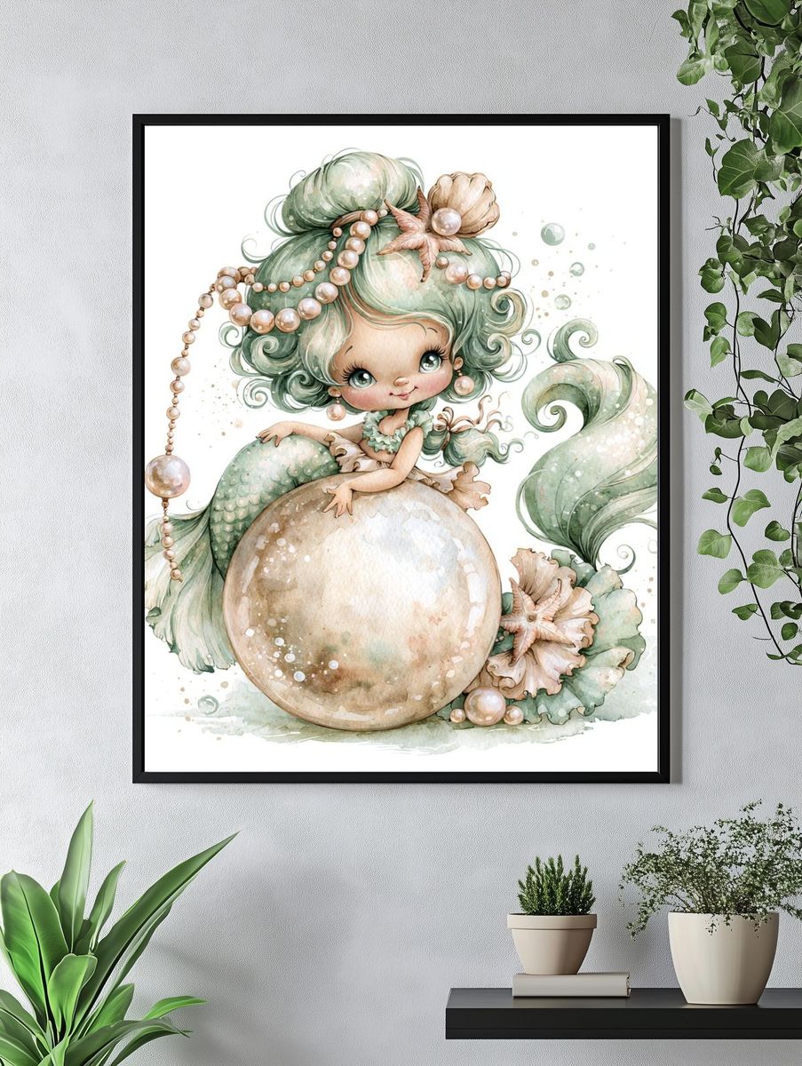 Mermaid Pearl Fantasy Illustration Poster. — room view 4
