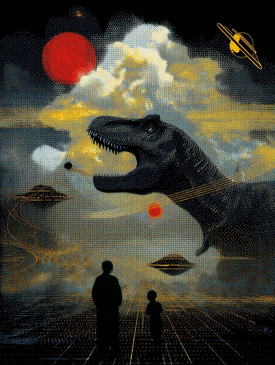 Dinosaur and Space Surrealism Poster. poster — illustration art