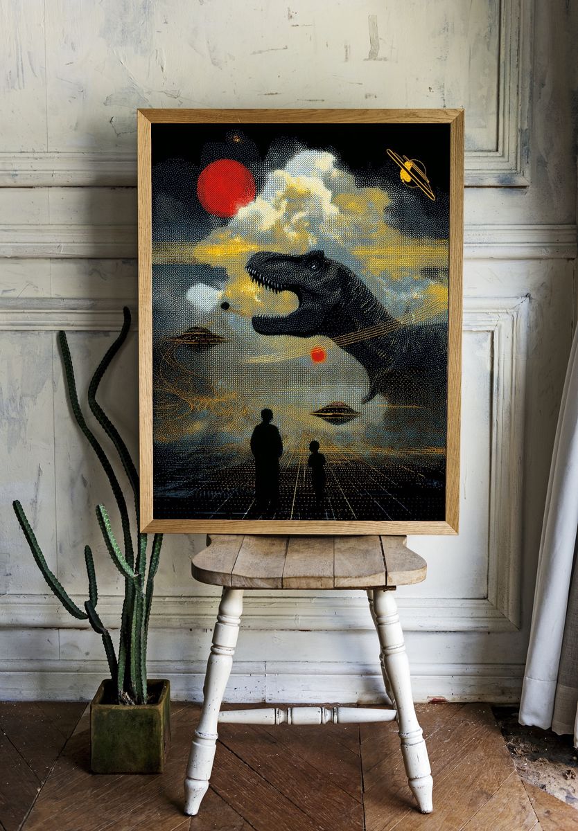 Dinosaur and Space Surrealism Poster. — room view 1
