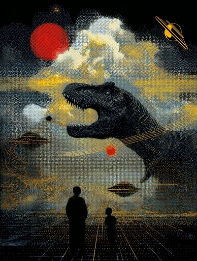 Dinosaur and Space Surrealism Poster. poster print