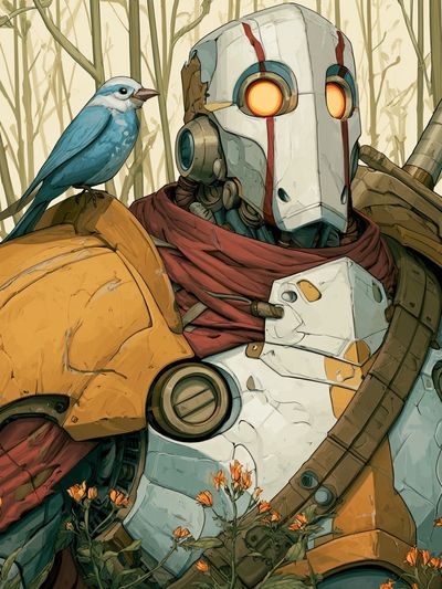Robot and Bird Forest Illustration Poster. poster print